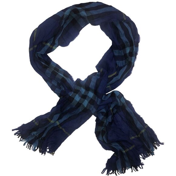 BURBERRY Cerulean Blue Check Wool Cashmere Blend Scarf Scotland 200x45 cm NEW - Picture 1 of 10